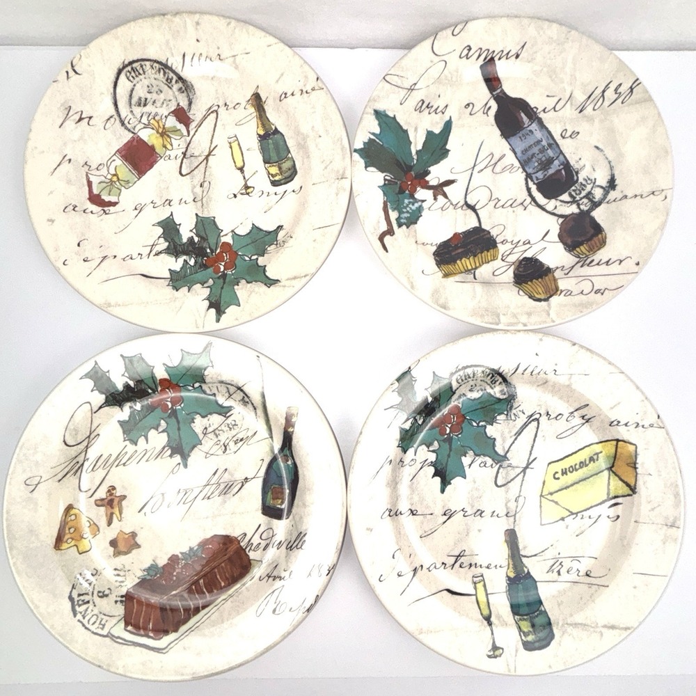 Williams-Sonoma Holiday Party Dessert Plates Set of 4 Christmas Holly Wine 8.75”